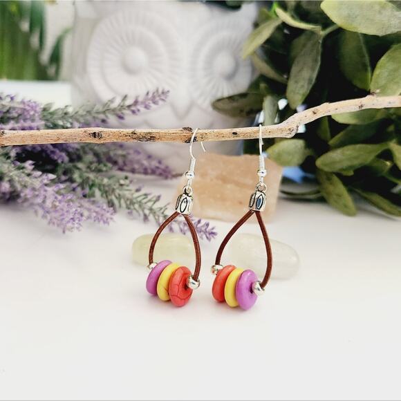 Leather Cord Dangle Earrings, Multicolor Turquoise Stone Beads Drop Earrings - Picture 6 of 9